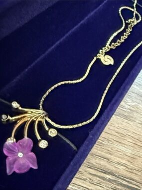 S Dior Gold-Tone Necklace with Purple Flower and Crystal Accents 16.5"